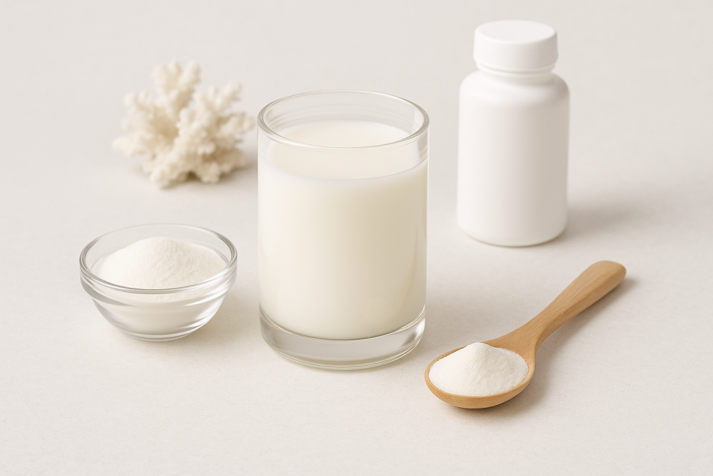 Илустрација на колаген додаток со колагенски пептиди, кожна структура и молекули, симболизирајќи придобивки за кожа, коски и зглобови.