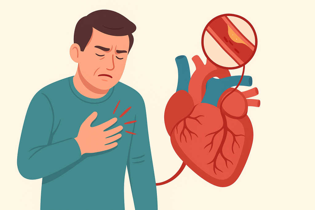 Илустрација на срцев удар со пациент и визуелно прикажано затнување на коронарна артерија, без текст.
