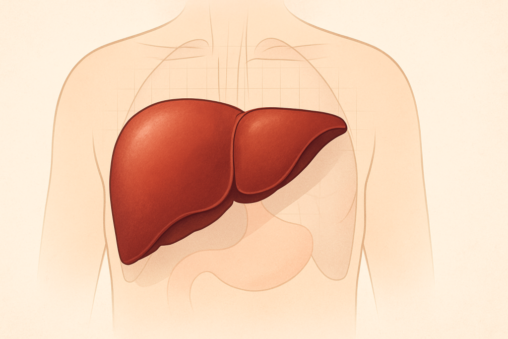 Semi-realistic medical illustration of the human liver positioned in the upper right abdominal area, shown in natural colors and anatomical accuracy.