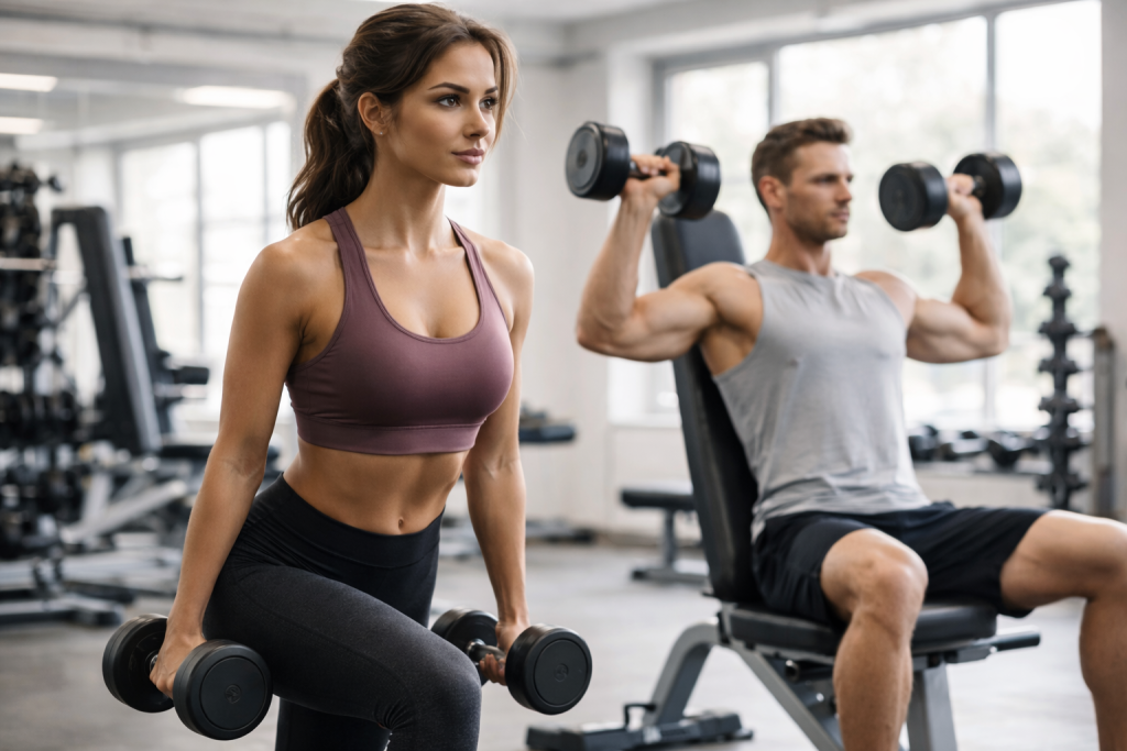 Фитнес спортист изведува силов тренинг со тегови во модерна сала, симболизирајќи градење мускули и дефиниција на тело.