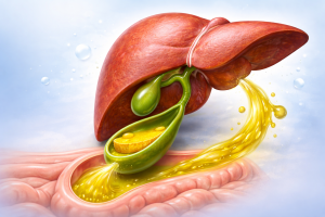 Медицинска илустрација на црниот дроб и здраво жолчно кесе исполнето со жолчка, без присуство на камења.