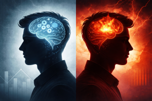 Симболична илустрација на две различни личности – едната ладна и контролирана, другата импулсивна и емоционално нестабилна.